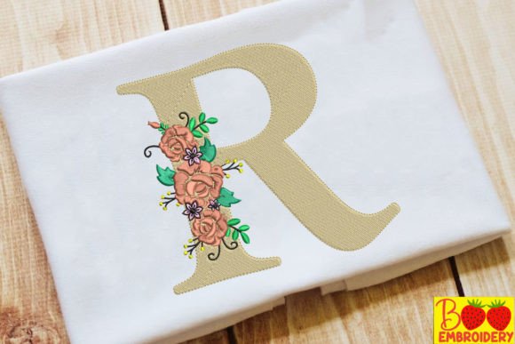 Letter R and Flower Embroidery Design